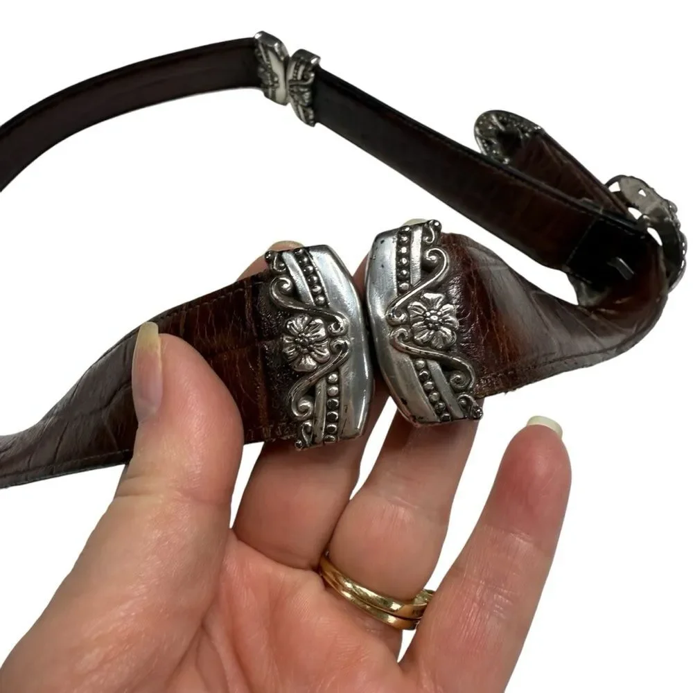 Vintage Reversible Leather Belt Brown Black Ornate Silvertone Embellishments L